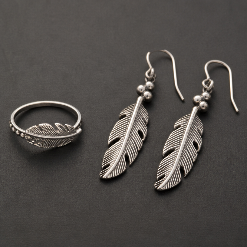 A women's ring. feather earrings with round small silver balls
using the attached image as a visual reference, create A women's ring. feather earrings with round small silver balls. photorealistic, just the design no text