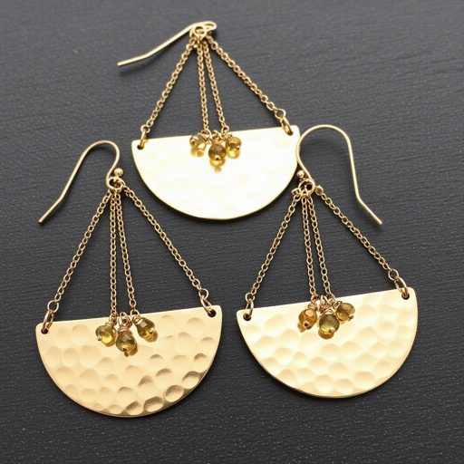 Золотые серьги словно мятое золото в форме узкого изящного полумесяца. Верхушка полумесяца крепится к застежке серьги.  От полумесяца идет три цепочки, у каждой на конце мелкий камушек цитрин