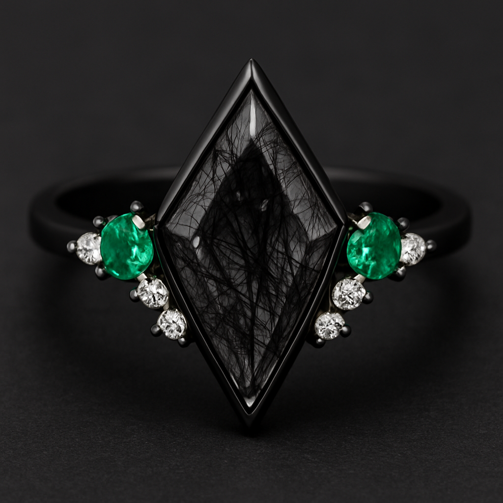 Kite cut Black rutilated quartz with 1 emerald on each side and 3 moissanite on each side accent stones in a cluster on a black band