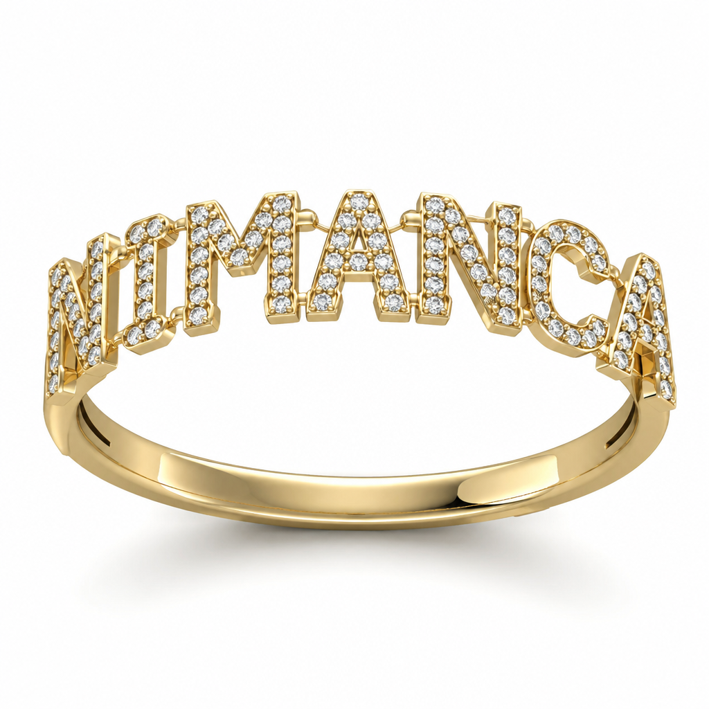A women's ring. la placa de una esclava para hombre, sería en las letras NIMANCA, estás letras estarían con un espesor de 0.80 milímetros envasadas con sistema de enlace con movimiento individual, letras curvas para engaste de piedra redonda de , 2 milímetros largo en cinco centímetros y ancho de 1. 3 centímetros
photorealistic jewelry design, A women's ring. la placa de una esclava para hombre, sería en las letras NIMANCA, estás letras estarían con un espesor de 0.80 milímetros envasadas con sistema de enlace con movimiento individual, letras curvas para engaste de piedra redonda de , 2 milímetros largo en cinco centímetros y ancho de 1. 3 centímetros, modern style, just the design no text