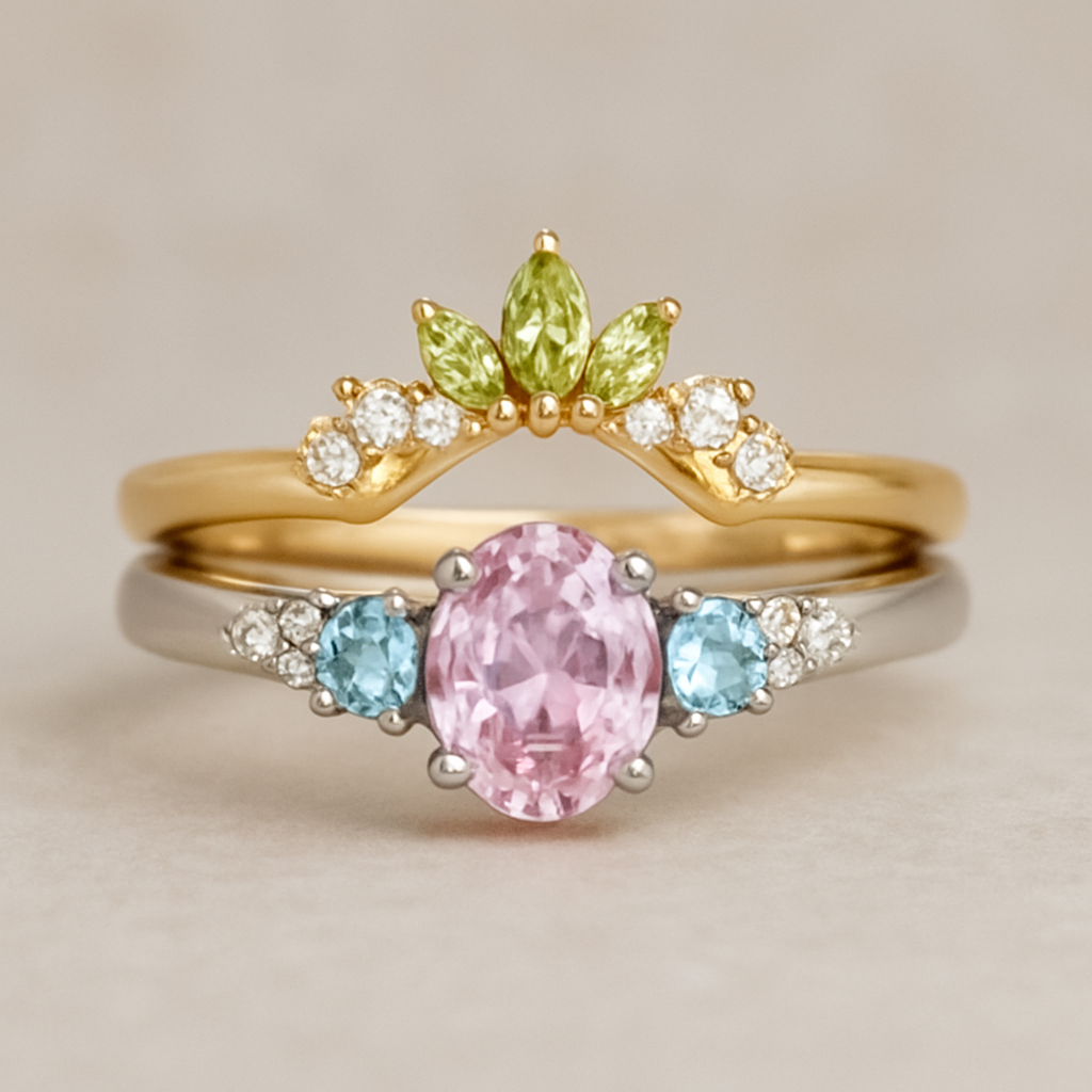 Tässä on selkeä ja sujuva englanninkielinen käännös:  ⸻  Could you design my rings? The engagement ring should be in yellow gold or white gold, and it is a V-shaped/moissanite curved (wishbone/hug) ring featuring light green peridots. The engagement ring should be small and delicate, and between the green peridots as well as along the edges of the ring, there can be white/light diamonds or gemstones. The cut of the engagement ring is such that the stones are placed as a “crown” on the outside of the V shape. The stones that form this crown could be shaped like leaves.  The wedding ring should be larger (a cluster ring) with a big light pink sapphire in the center, slightly oval-shaped, with smaller light blue topazes on the sides along with small white diamonds. I want there to be two rings that fit together perfectly so that the whole set looks like one single ring.  ⸻  Jos haluat, voin myös parantaa tyyliä tai tehdä tästä korusuunnittelijalle sopivan teknisemmän version!