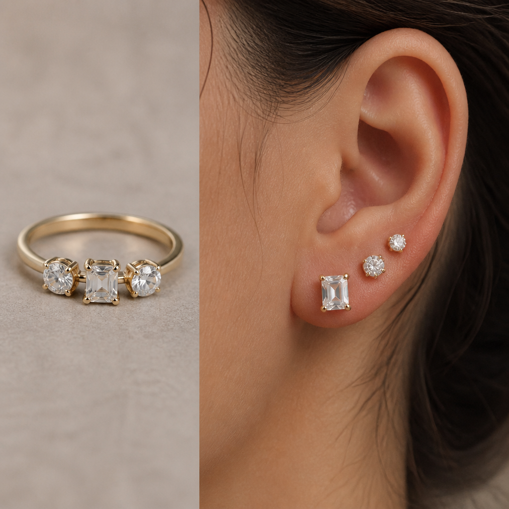 A modern women's ring. arruma em uma orelha, pra mostra esses trios de brinco
photorealistic jewelry design, A modern women's ring. arruma em uma orelha, pra mostra esses trios de brinco, modern style, just the design no text