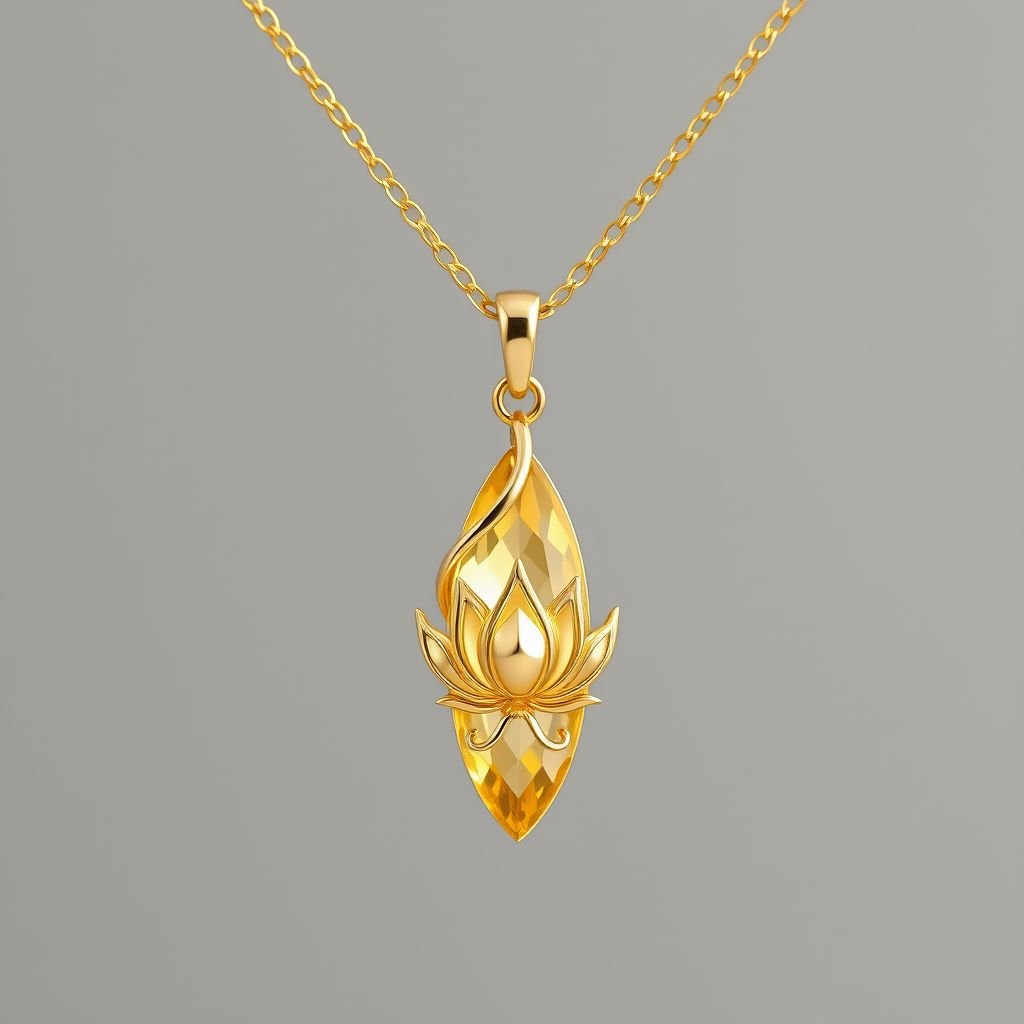 A delicat gold necklace with a light yellow color gemstone in a marquise cut the pendant must have the details of the flower lotus and flames