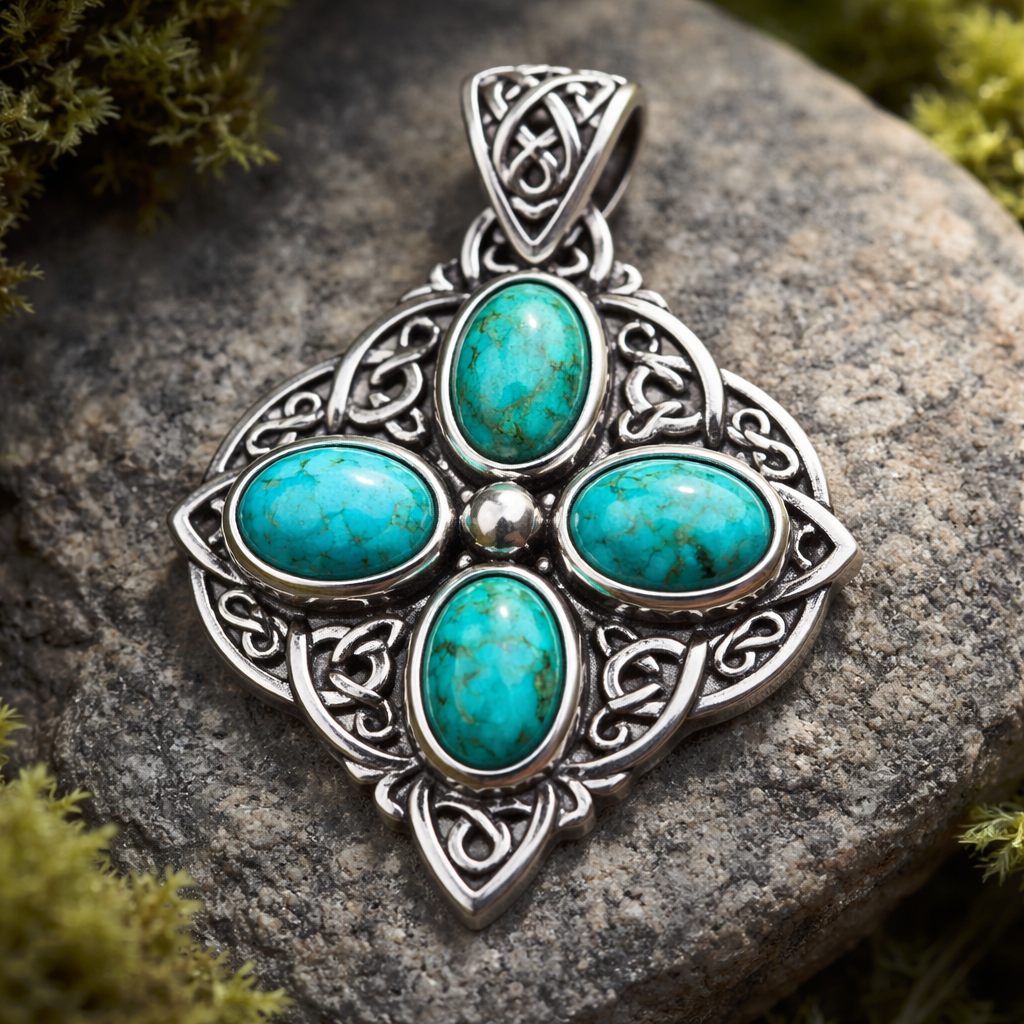 Four 6x4 calibrated oval turquoise cabochons set in silver pendant