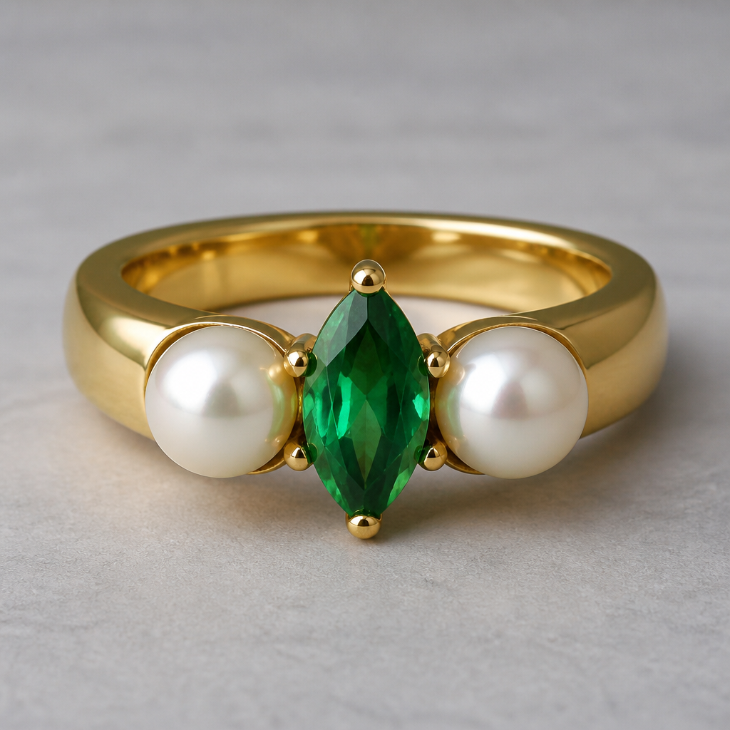 Two pearls with almond shaped emerald with medium thick gold band
photorealistic jewelry design, Two pearls with almond shaped emerald with medium thick gold band , three_stone style, just the design no text