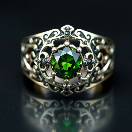 Tungsten carbide with a peridot cut obsidian stone