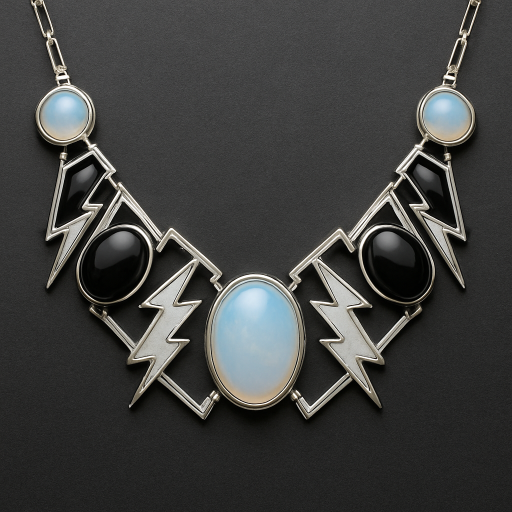 Opalite and onyx collar linked with white gold lightening bolts