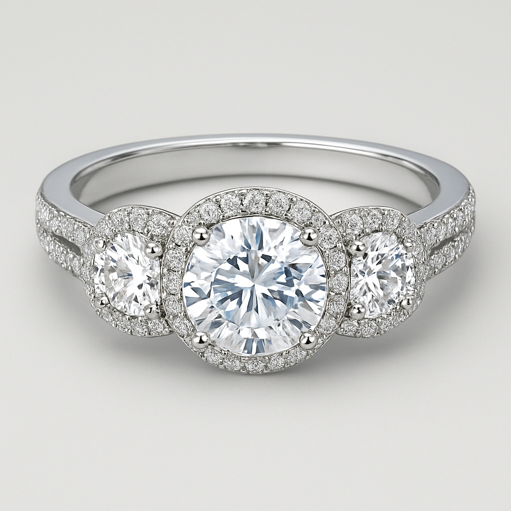 Elegant platinum 4 carat tw 3 stone ring with side halo and pave split band