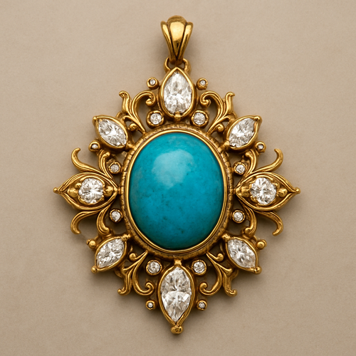 pendant , main stone oval turquise. using pear round and marquise diamond