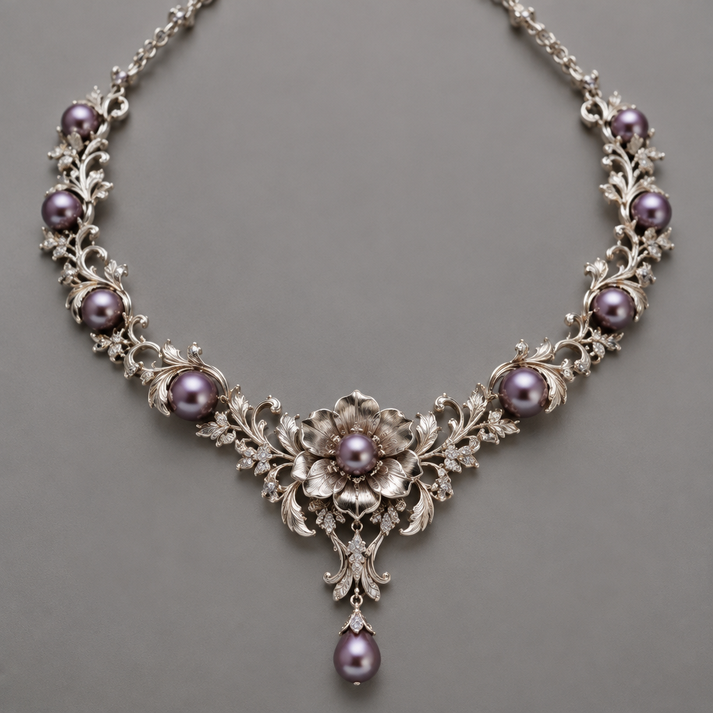 A baroque women's necklace made of silver, detailed and decorative, moderately ornate. un collar de perlas moradas color plata
con diceños de una flor
photorealistic jewelry design, A baroque women's necklace made of silver, detailed and decorative, moderately ornate. un collar de perlas moradas color plata
con diceños de una flor, baroque style, just the design no text
