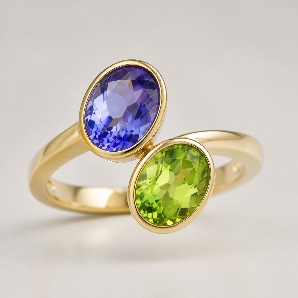 A women's ring. a gold ring with oval Tanzanite and oval peridot
photorealistic jewelry design, A women's ring. a gold ring with oval Tanzanite and oval peridot, modern style, just the design no text