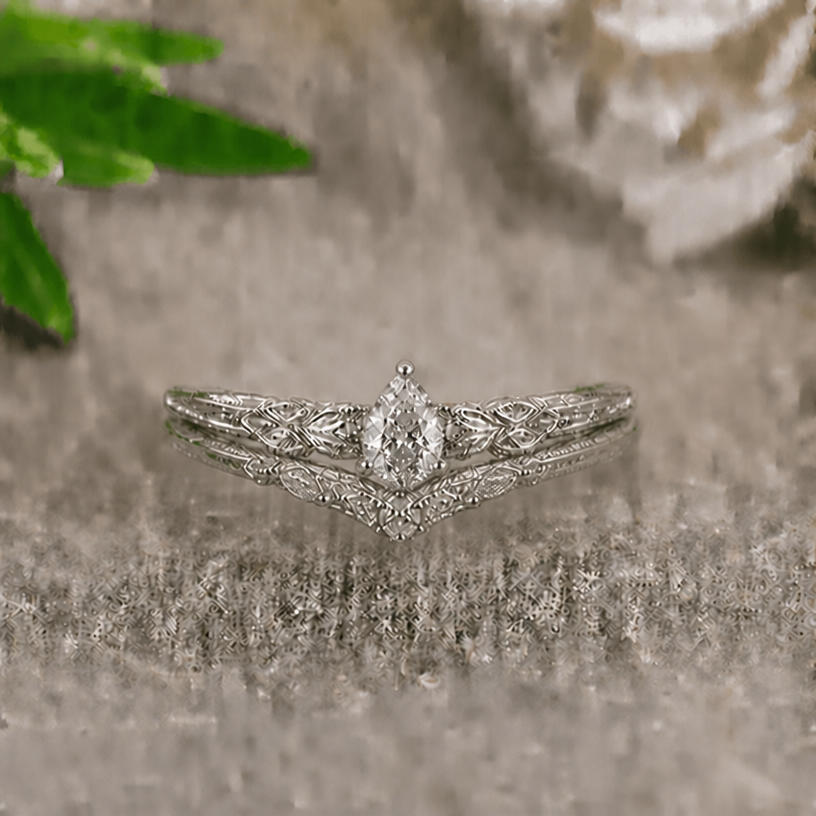Please replace the oval shape of the upper rings main crystal for a drop shaped one
edit the attached jewelry design with these instructions: Please replace the oval shape of the upper rings main crystal for a drop shaped one. keep it photorealistic, just the design no text