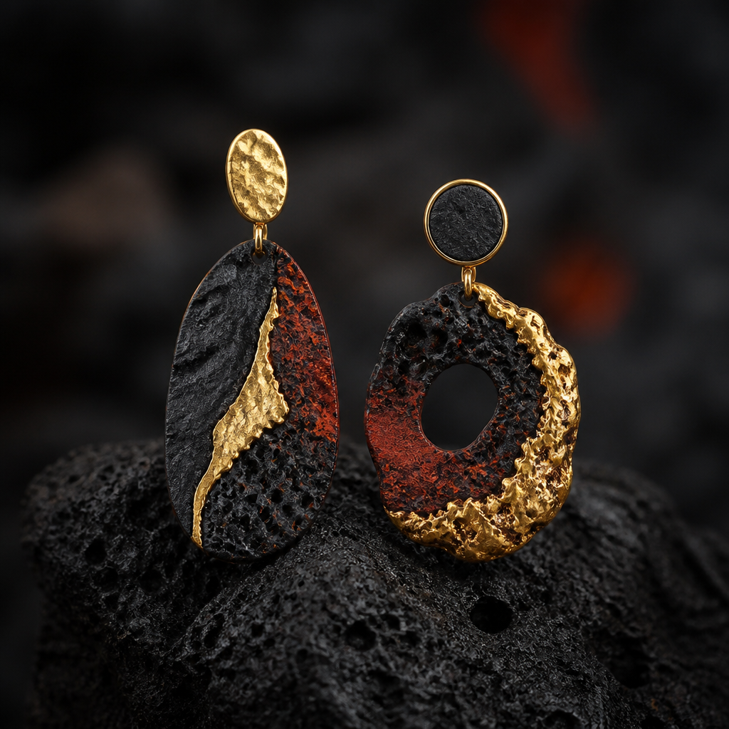 A women's ring. brinco em argila assimétricos baseado em temas lava, vulcões açorianos, com um toque de mulher poderosa. Refinement: experimenta colocar dourado
photorealistic jewelry design, A women's ring. brinco em argila assimétricos baseado em temas lava, vulcões açorianos, com um toque de mulher poderosa. Refinement: experimenta colocar dourado, just the design no text