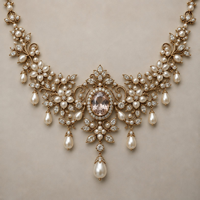 Use more bead work with flowes and leaves
edit the attached jewelry design with these instructions: Use more bead work with flowes and leaves. keep it photorealistic, just the design no text