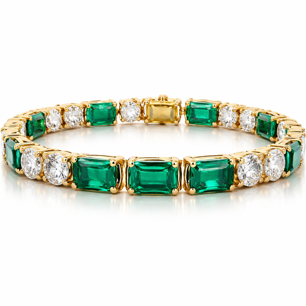 alternating round-cut lab grown yellow gold diamonds and emerald-cut emerald gemstones