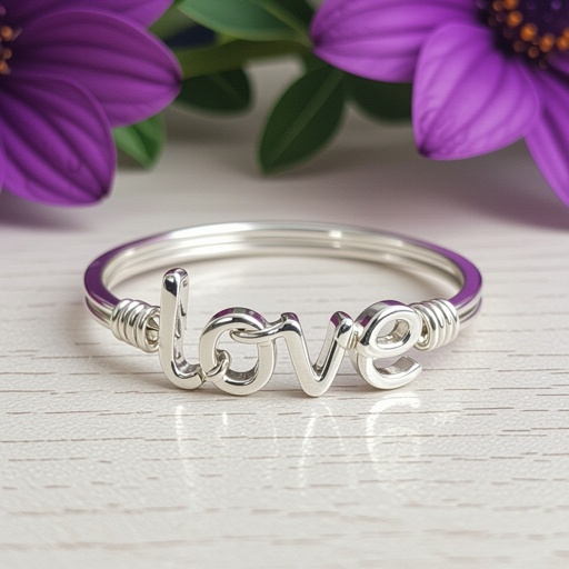 Pure silver band no jewels with silver wire letters, creating the word love