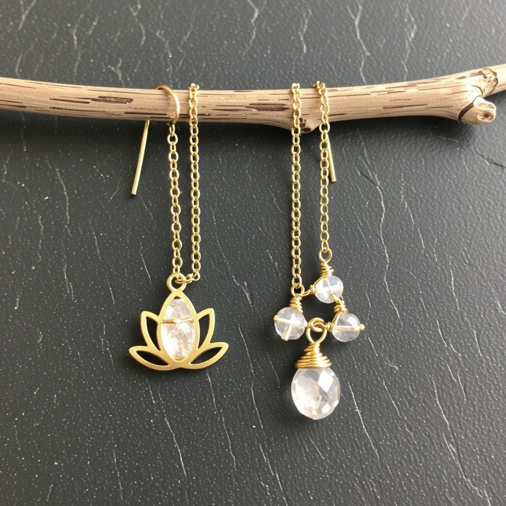 Серьги золото изящный маленький плоский лотос с необработанным маленьким хрусталем в центре, от лотоса идет золотая цепочка вниз с еще одним маленьким камушком хрусталя