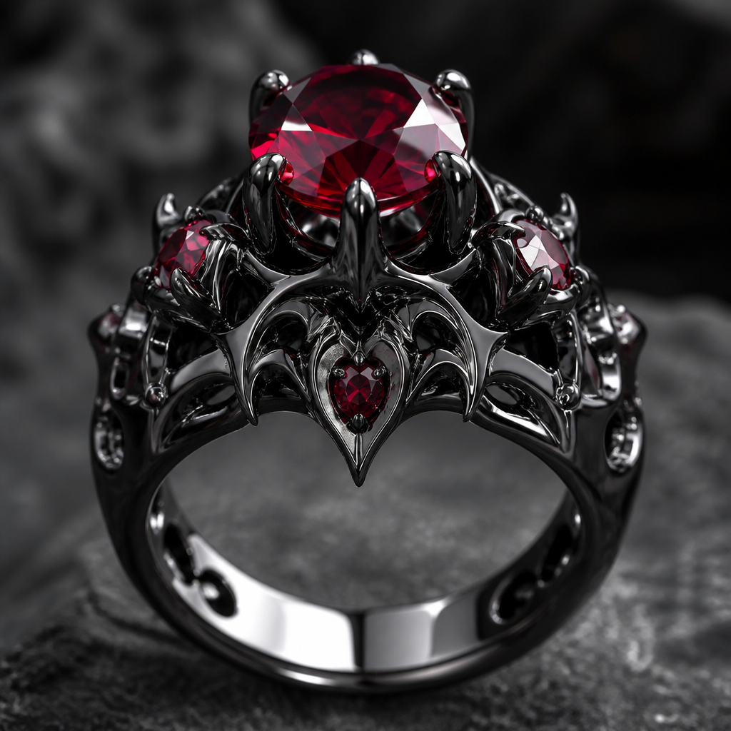 A gothic women's ring made of titanium with ruby stones
photorealistic jewelry design, A gothic women's ring made of titanium with ruby stones, gothic style, just the design no text