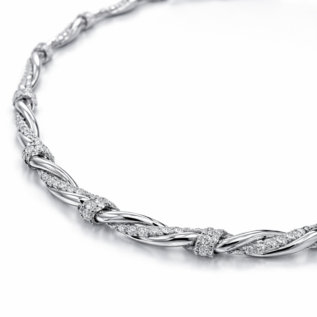 A flexible necklace which is not rigid and inspired by a twisted round wire and it has links that connected the small pieces with eachothe and it has diamondr