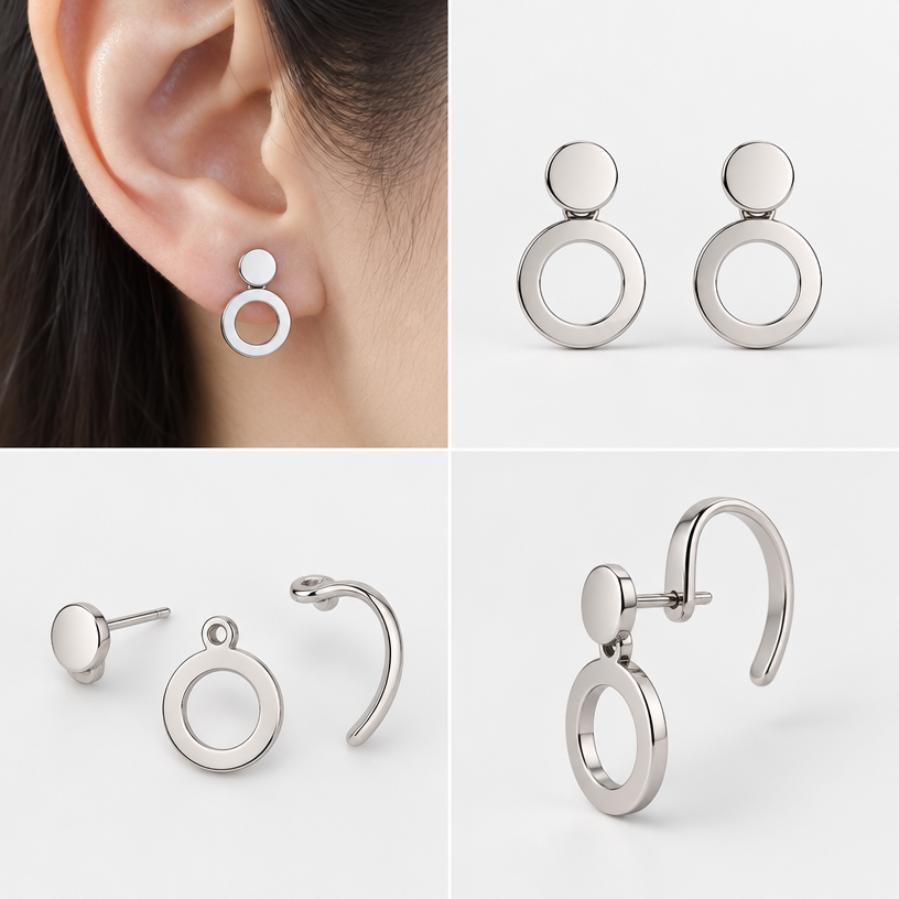 A women's earrings, ultra-minimalist, very simple and clean, understated, no embellishments. สามารถถอดออกเป็นส่วนๆได้,อ้อมหลังใบหู,4 views
using the attached image as a visual reference, create A women's earrings, ultra-minimalist, very simple and clean, understated, no embellishments. สามารถถอดออกเป็นส่วนๆได้,อ้อมหลังใบหู,4 views. photorealistic, just the design no text