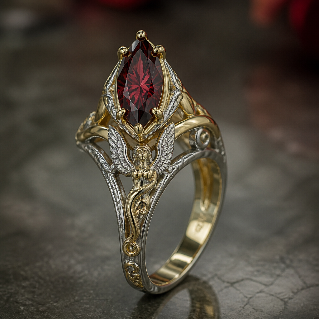 A mythological women's ring made of mixed metal with garnet stones suitable for engagement. Skinny 2 to 3 ct marquise gem with a starbrite fantasy cut. Set with six claw prongs in a cathedral setting with a split shank on a square band engraved in a timeless, traditional, alternative and fantasy way. Mixed metals mostly gold.
photorealistic jewelry design, A mythological women's ring made of mixed metal with garnet stones suitable for engagement. Skinny 2 to 3 ct marquise gem with a starbrite fantasy cut. Set with six claw prongs in a cathedral setting with a split shank on a square band engraved in a timeless, traditional, alternative and fantasy way. Mixed metals mostly gold., mythological style, just the design no text