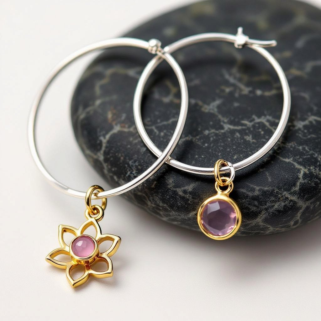Серьги небольшие кольца,на серьгах висит в виде золотого лотоса шестью лепестками с маленьким розовым кварцем по центру