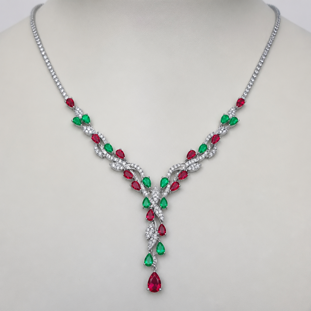 A women's necklace. a delicious necklace for red and green diamond colour
photorealistic jewelry design, A women's necklace. a delicious necklace for red and green diamond colour, modern style, just the design no text