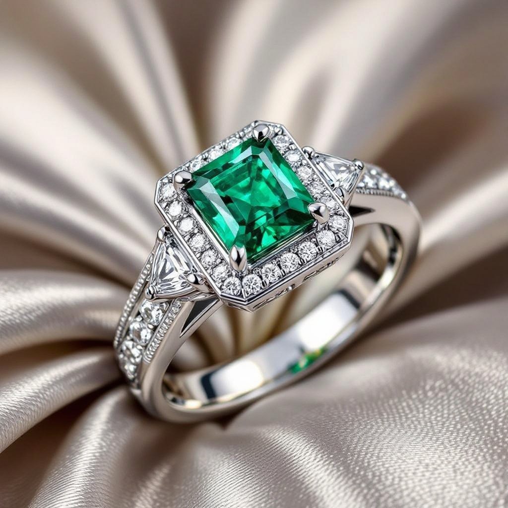 Wedding ring for men with a small triangle in an emerald stone using white gold in the middle and a platinum base that is specially designed for a man who has a classic taste in designs.  