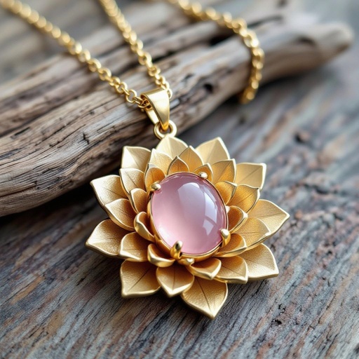 Золотая матовая цепочка. Подвеска матовая лотос шесть лепестков нижние лепестки крупнее верхних  не круглый . В сердце лотоса матовый розовый кварц овальный