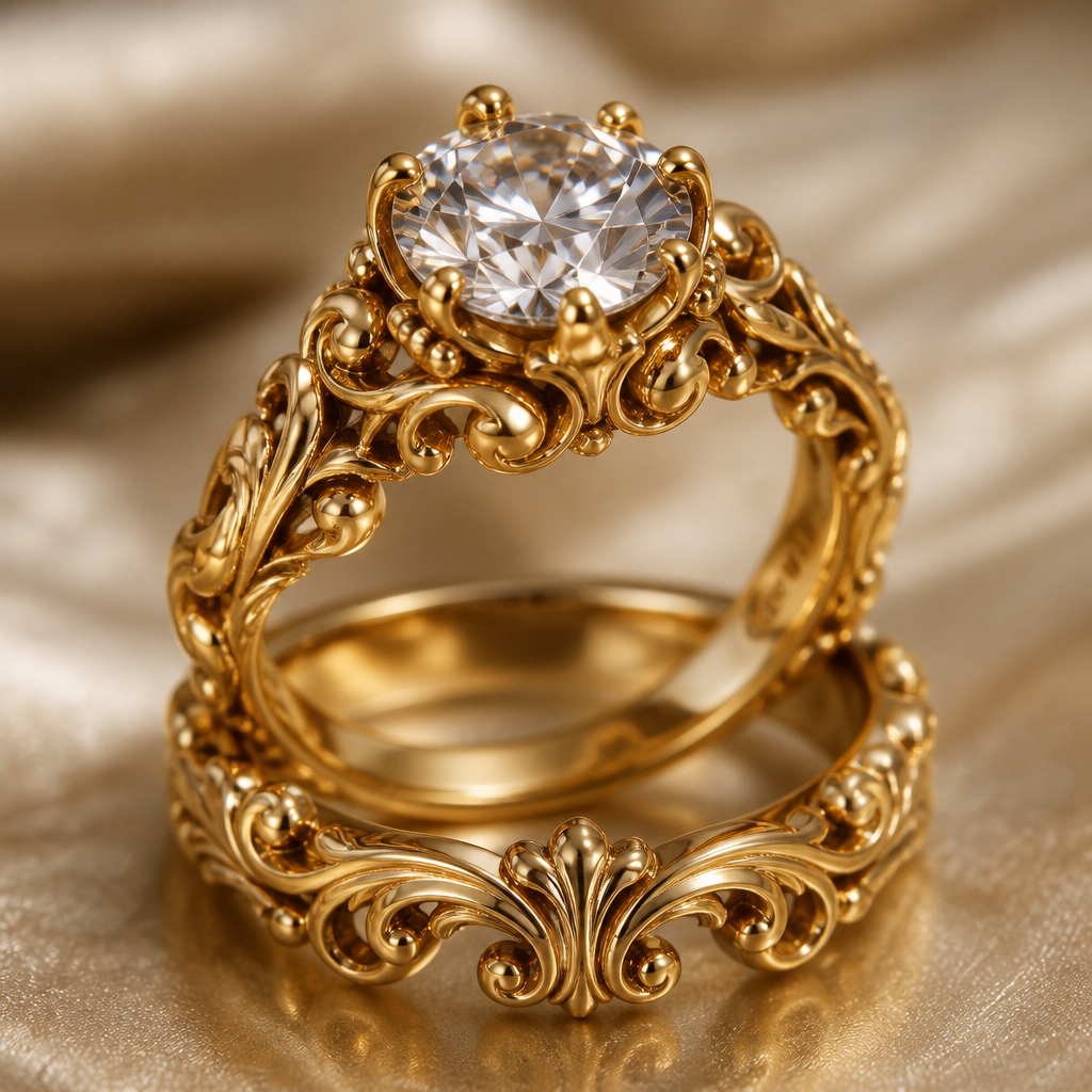 Show me a two piece golden engagement/ wedding ring
photorealistic jewelry design, Show me a two piece golden engagement/ wedding ring , baroque style, just the design no text