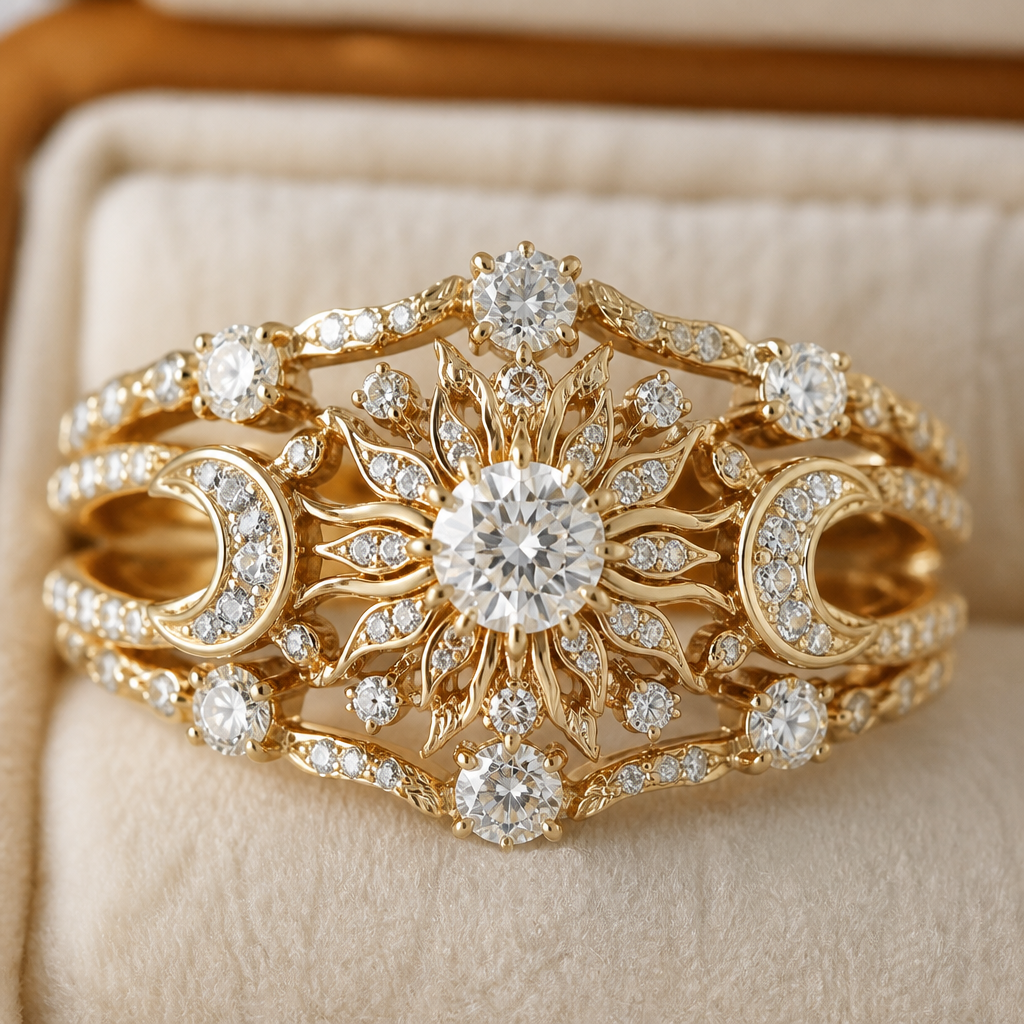 Design a very feminine diamond ring for a wedding ring and engagement multi stackable yellow, 14 carat gold that has
1 ct diamond
4 0.25 ct of diamonds
12 0.1 ct of diamonds
22 0.05 ct of diamonds
Center 1 ct diamond being the sun
4 0.25 ct being the moon
With a flare of royalty
Crescent moons facing away from center
photorealistic jewelry design, Design a very feminine diamond ring for a wedding ring and engagement multi stackable yellow, 14 carat gold that has
1 ct diamond
4 0.25 ct of diamonds
12 0.1 ct of diamonds
22 0.05 ct of diamonds
Center 1 ct diamond being the sun
4 0.25 ct being the moon
With a flare of royalty
Crescent moons facing away from center, rustic style, just the design no text