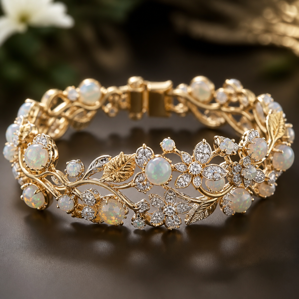 A nature-inspired women's bracelet made of gold with diamond and opal stones suitable for formal, highly ornate, intricate and elaborate, richly detailed. delicate
photorealistic jewelry design, A nature-inspired women's bracelet made of gold with diamond and opal stones suitable for formal, highly ornate, intricate and elaborate, richly detailed. delicate, nature_inspired style, just the design no text