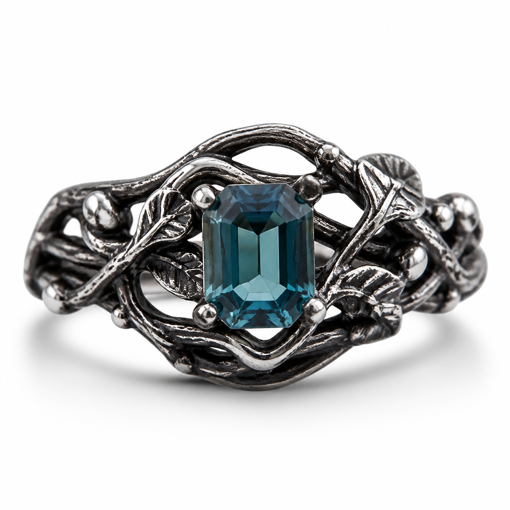 A nature-inspired organic ring, featuring a small octagon-cut blue apatite gemstone (5x3 mm) as the centerpiece, wrapped in intricate vine-like branches and delicate leaf details, crafted from matte textured oxidized sterling silver with subtle high-polish accents, soft diffused studio lighting, pure white background, isolated on white, hyper-realistic, jewelry macro photography, 8k, sharp focus, ray tracing, --ar 3:4
photorealistic jewelry design, A nature-inspired organic ring, featuring a small octagon-cut blue apatite gemstone (5x3 mm) as the centerpiece, wrapped in intricate vine-like branches and delicate leaf details, crafted from matte textured oxidized sterling silver with subtle high-polish accents, soft diffused studio lighting, pure white background, isolated on white, hyper-realistic, jewelry macro photography, 8k, sharp focus, ray tracing, --ar 3:4, art_deco style, just the design no text