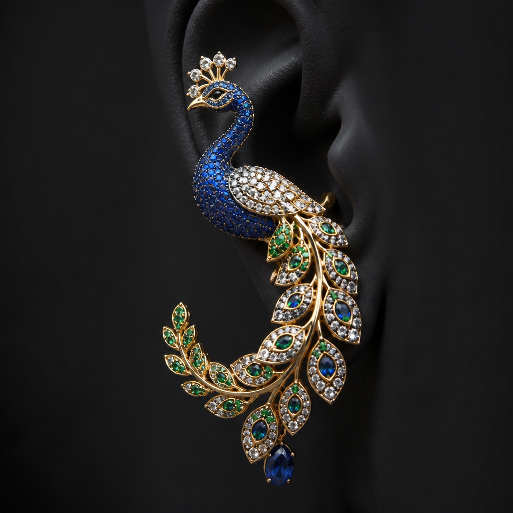 Peacock ear piece
photorealistic jewelry design, Peacock ear piece , modern style, just the design no text