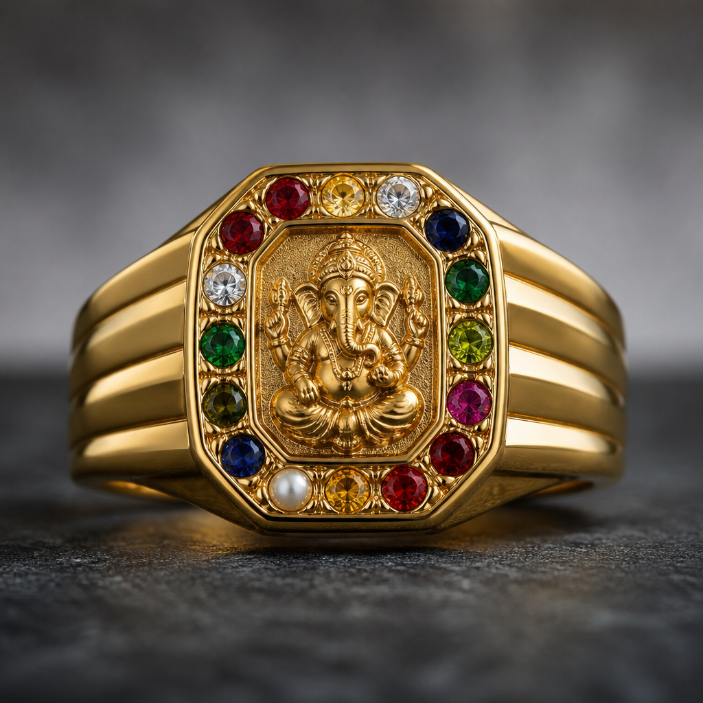 A modern men's ring made of gold suitable for daily wear. Vinayaka navaratna
photorealistic jewelry design, A modern men's ring made of gold suitable for daily wear. Vinayaka navaratna, modern style, just the design no text