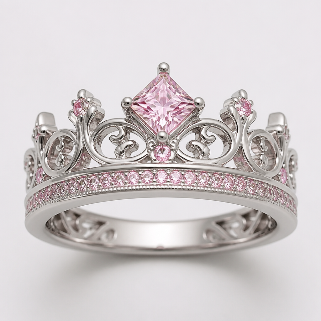 A women's ring. a princess cut pink diamond for a young girl in the shape of a crown on a white gold setting made like a crown with intricate designs in the sides of it
photorealistic jewelry design, A women's ring. a princess cut pink diamond for a young girl in the shape of a crown on a white gold setting made like a crown with intricate designs in the sides of it, modern style, just the design no text