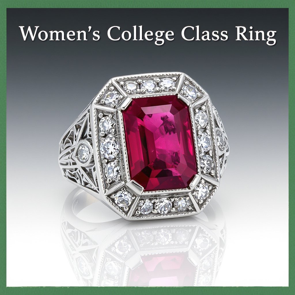Red stone, silver, college class ring for women