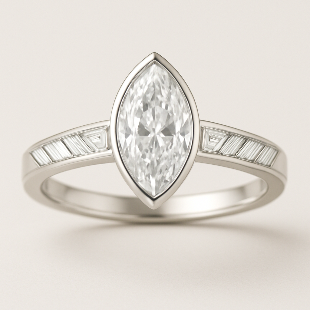 Bezel set 6 carat marquise diamond center stone with baguette diamonds in a herringbone pattern in the band