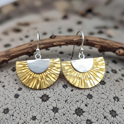 Золотые серьги полукруг половинка горящего солнца мятое неровное золото лучи волнистые другая половинка круга серебряная 