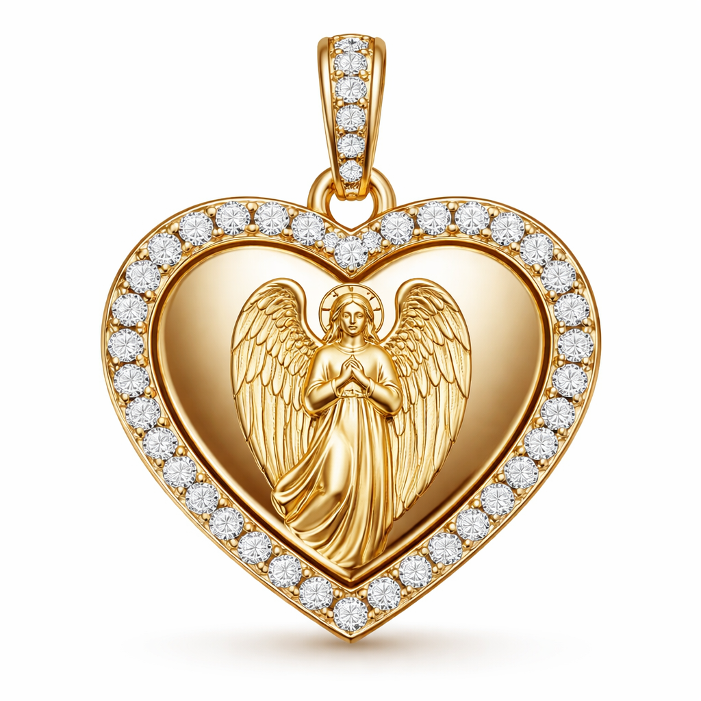 Gold heart pendant with guardian angel on surface and Pavé diamond border around heart, gold bale
Gold heart pendant with guardian angel on surface and Pavé diamond border around heart, gold bale, contemporary style