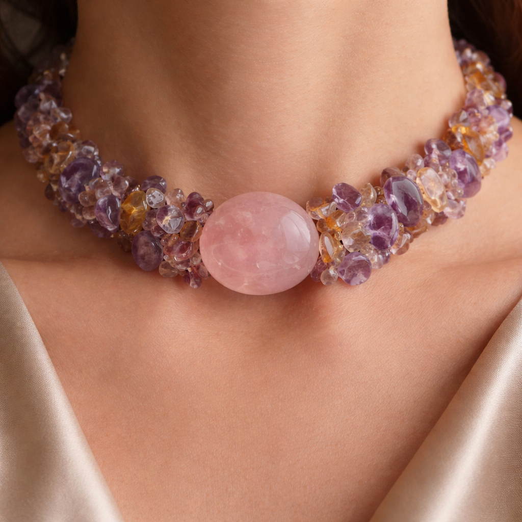 Choker using ametrine chips with a central different stone but no metal setting