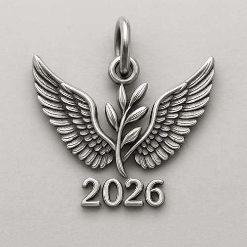 Silver charm with only two spread bird wings, an olive branch and year 2026