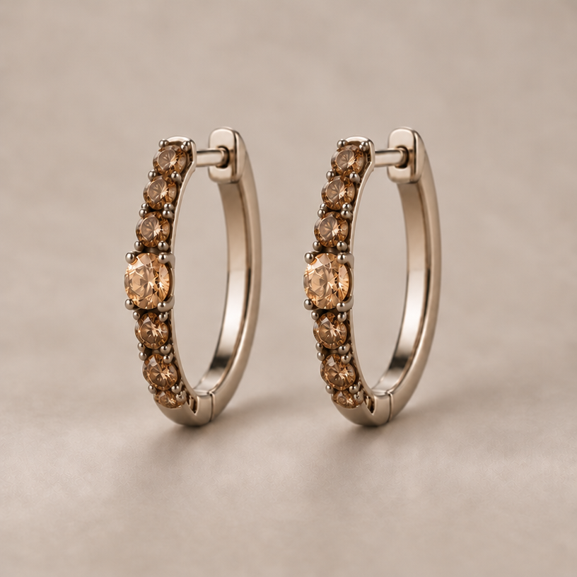 Add 3 more stones of 2mm brown diamonds to each earring
edit the attached jewelry design with these instructions: Add 3 more stones of 2mm brown diamonds to each earring. keep it photorealistic, just the design no text