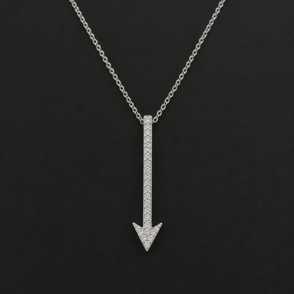 A women's necklace made of silver. Flèche en line fine remplit de diamand, qui pointe vers le bas
photorealistic jewelry design, A women's necklace made of silver. Flèche en line fine remplit de diamand, qui pointe vers le bas, modern style, just the design no text