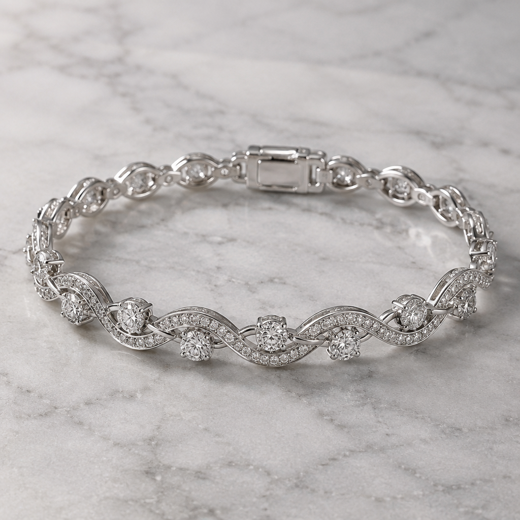 A modern women's bracelet made of white gold with diamond stones suitable for daily wear, detailed and decorative, moderately ornate
photorealistic jewelry design, A modern women's bracelet made of white gold with diamond stones suitable for daily wear, detailed and decorative, moderately ornate, modern style, just the design no text