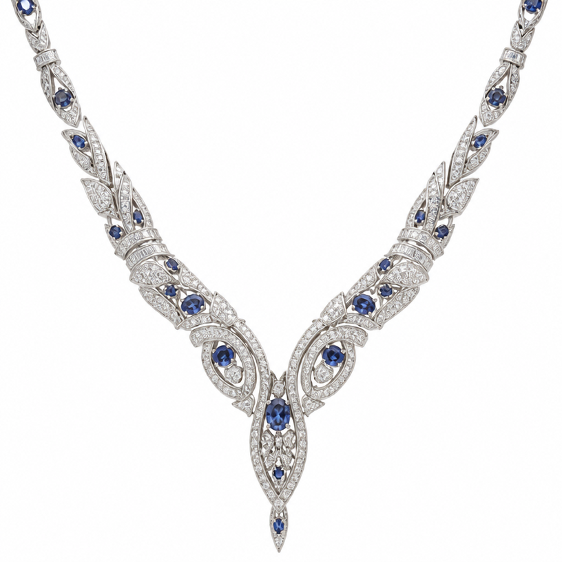 A african men's necklace made of white gold with diamond and sapphire stones suitable for daily wear, highly ornate, intricate and elaborate, richly detailed
using the attached image as a visual reference, create A african men's necklace made of white gold with diamond and sapphire stones suitable for daily wear, highly ornate, intricate and elaborate, richly detailed. photorealistic, just the design no text