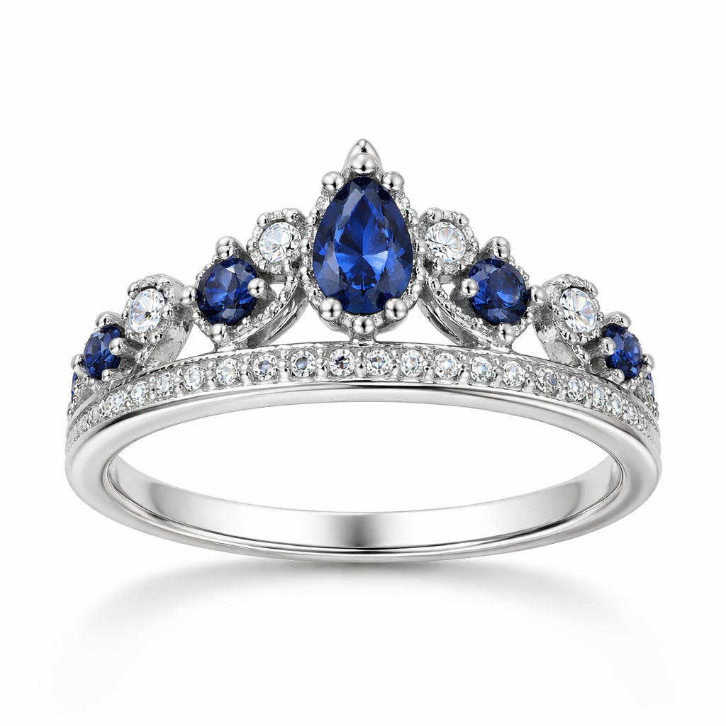 A women's ring made of silver with diamond and sapphire stones suitable for daily wear. anel em estilo coroa