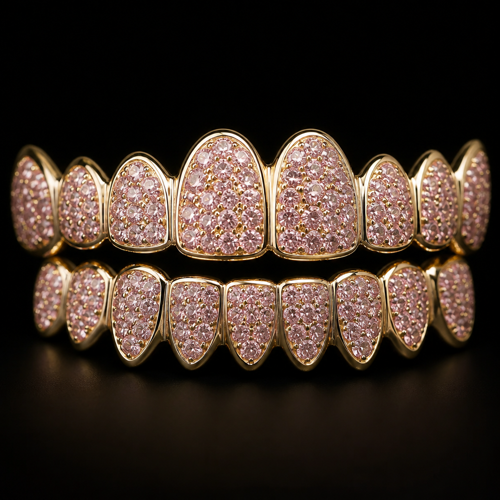 Pink Diamond gold teeth
photorealistic jewelry design, Pink Diamond gold teeth , just the design no text