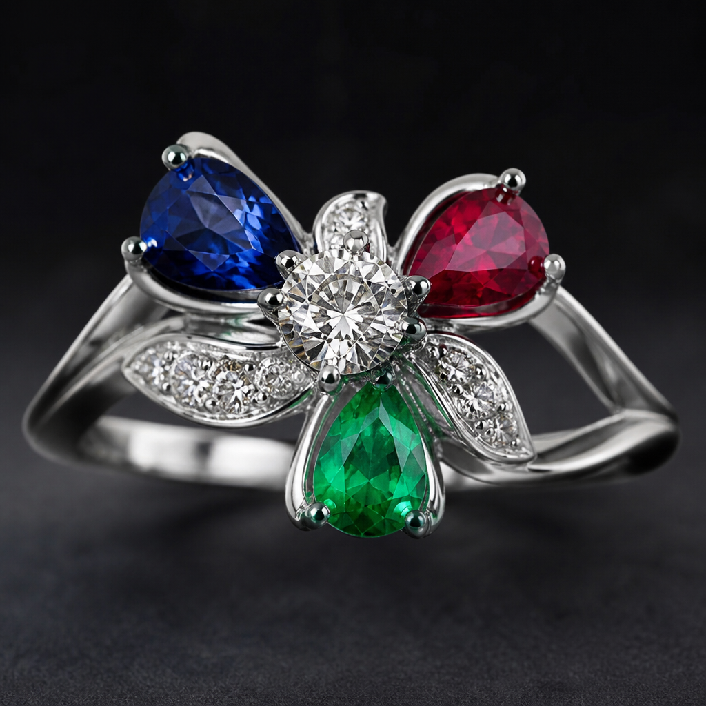 A luxury women's ring made of platinum with sapphire and ruby and diamond and emerald stones. anillo con 4 diferentes tipos de joyas echo en platino es un anillo con mucha personalidad para una mujer con mucha delicadeza es para una pedida de mano
photorealistic jewelry design, A luxury women's ring made of platinum with sapphire and ruby and diamond and emerald stones. anillo con 4 diferentes tipos de joyas echo en platino es un anillo con mucha personalidad para una mujer con mucha delicadeza es para una pedida de mano, luxury style, just the design no text