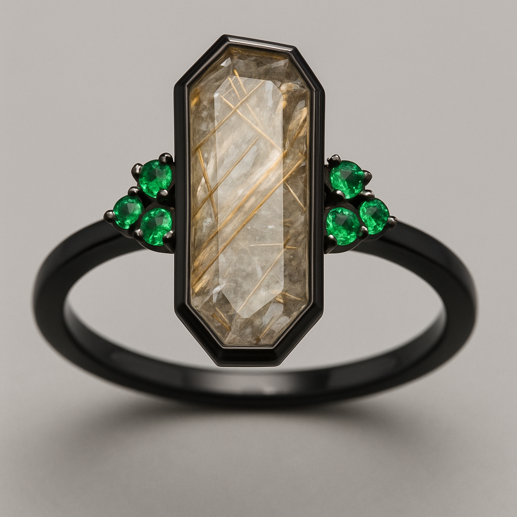 Black band, long hexagon cut rumilated quartz, emerald accent stones 3 on each side in a cluster 